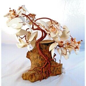 VTG Copper Wire Carved Shell Bonsai Tree Wood Driftwood Base Beach Zen Sculpture